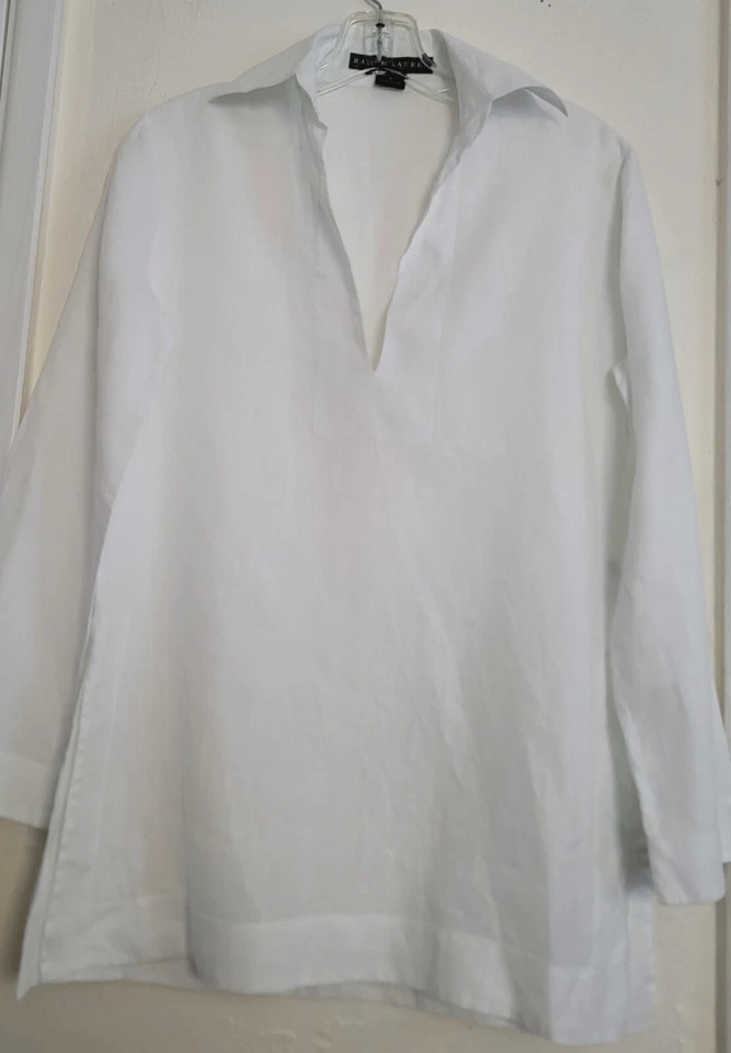 Blusa Ralph Lauren Etiqueta Negra Mujer Talla 4 Blanco Lino Túnica Cuello en V Aberturas  Foto 3 de 4