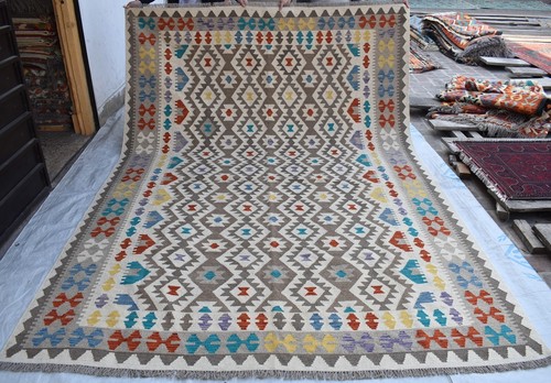 White Flatweave Afghan Tribal Khotrang Rug 7x10 ft Turkish Living Room Area Rug