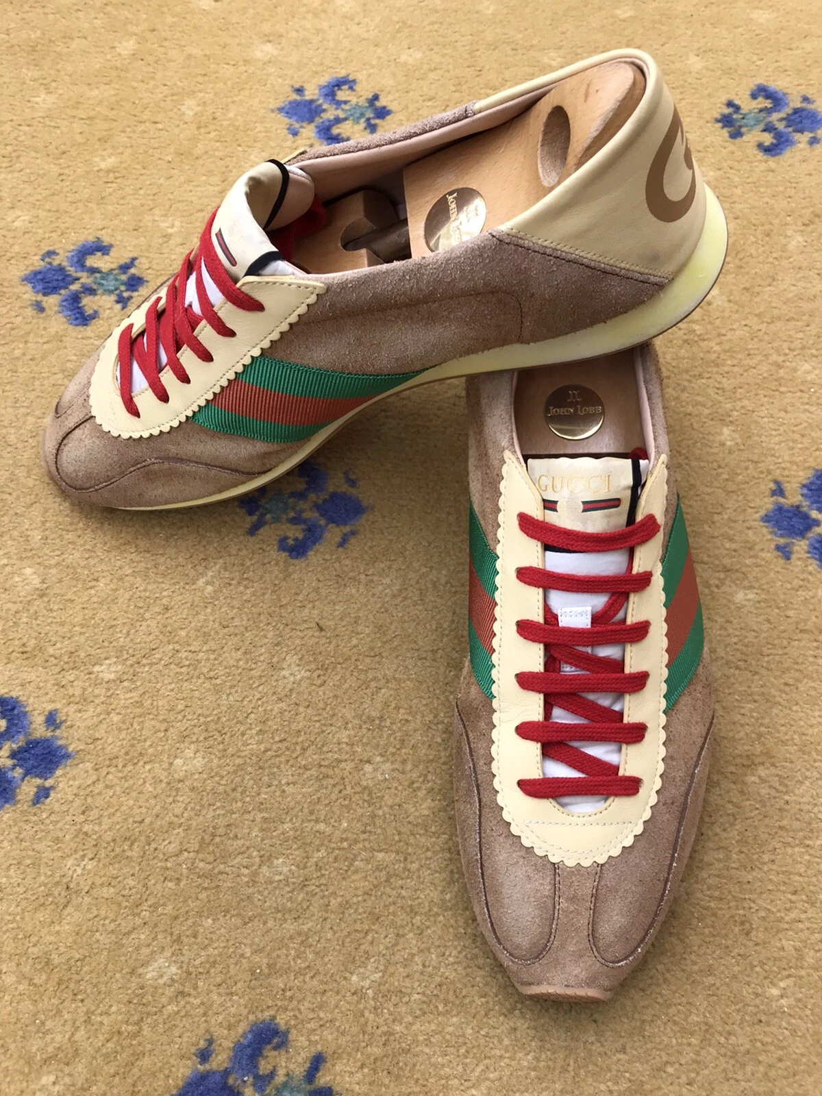 Gucci Trainer Baskets Chaussures Tan Marron Daim Toile Vert Rouge Homme US 12 UK 11,5 45+