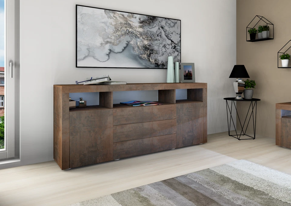 Sideboard 166cm Kommode Weiß Hochglanz Schwarz Beton Schrank Anrichte SANTA FE - Bild 3 von 4