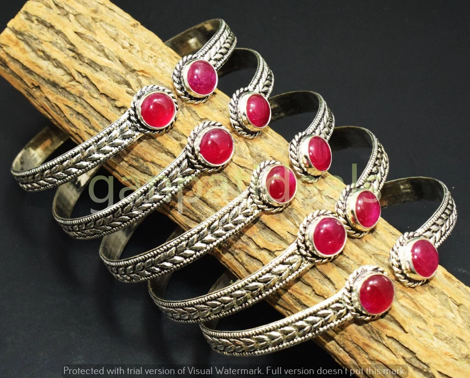 Simulated Ruby Gemstone Cuff Bangles Wholsaale Lot 925 Sterling Silver Plated - Image 3 of 4