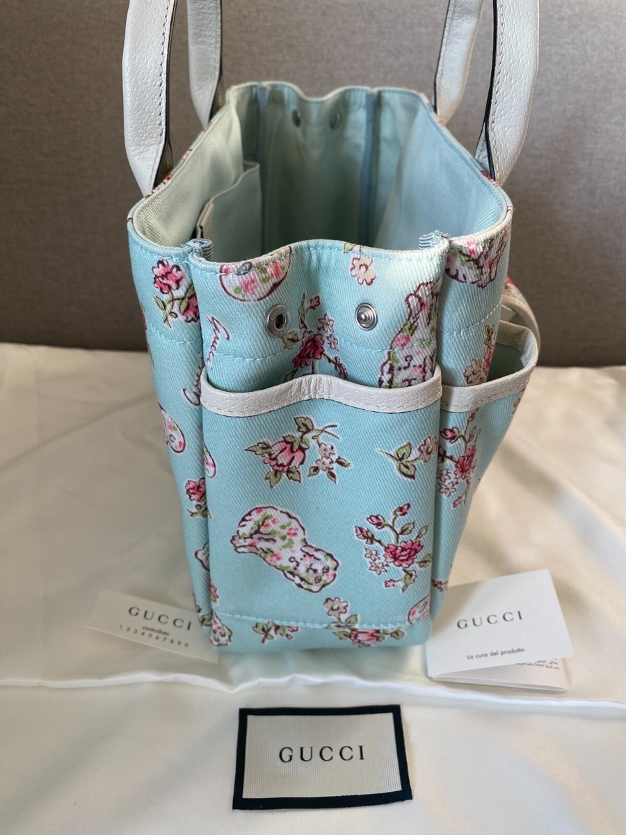 GUCCI Light Blue Canvas Floral Print Small Tote Bag | eBay