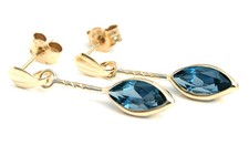 9ct Gold London Blue Topaz Drop Earrings Marquise Gift Boxed Made in UK