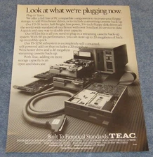 1986 Teac Floppy and Tape Drives Vintage Ad "Look At What We're Plugging Now."