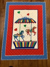 Vintage Prequilted Fabric Baby Quilt Panel - Carousel -Crib Size