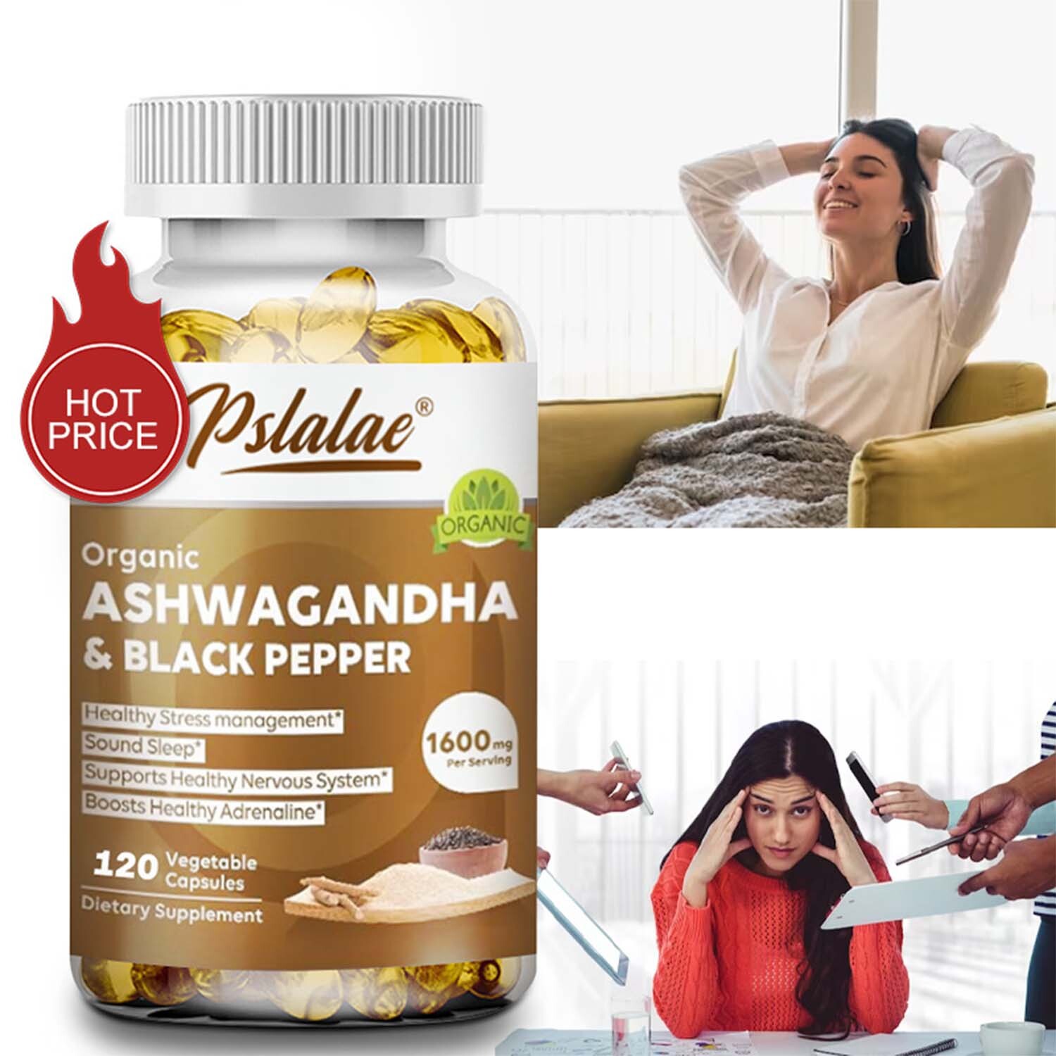 Cápsulas orgánicas de ashwagandha-extracto de pimienta negra-alta absorción, ...