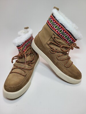 Toms Alpine Brown Leather Womens Aztec Faux Fur Boots sz 7 Great Condition