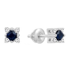 14K White Gold Princess Blue Sapphire  Round Diamond Ladies Stud Earrings