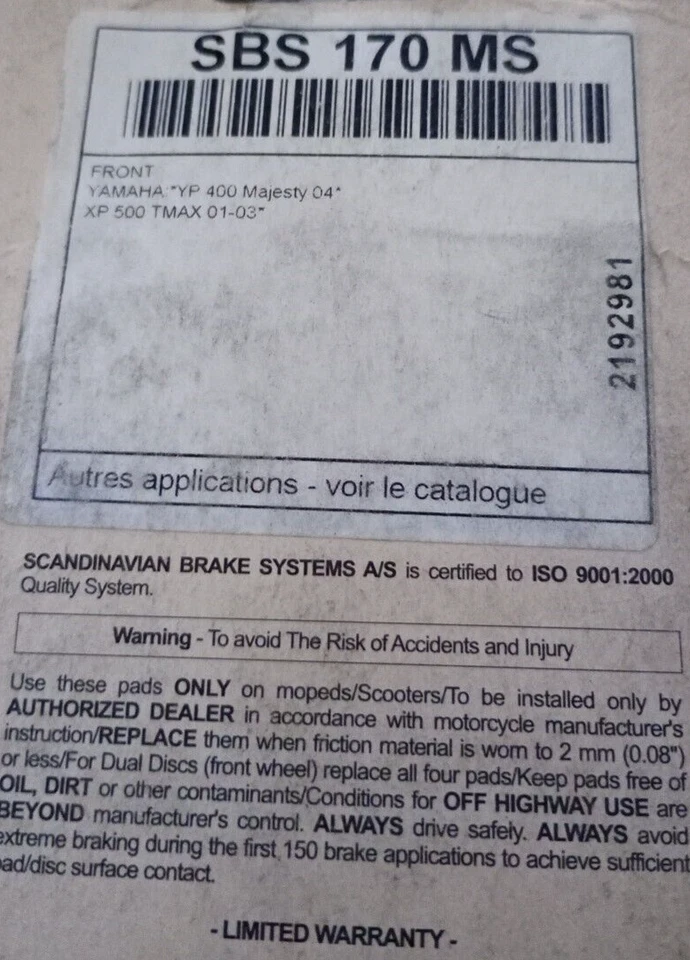 2 plaquettes de frein Avant SBS 170MS pour YAMAHA T-MAX 500 (SJ01) 2001/2003 - Photo 2/2