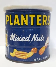 Planters Mixed Nuts Metal Can Plastic Lid Mr Peanut 13oz EMPTY Vtg 1960s Litho