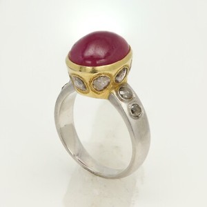 Vintag Ruby Ring Cabochon 5.60 ct Solid 18K Gold Two tone Natural Diamonds