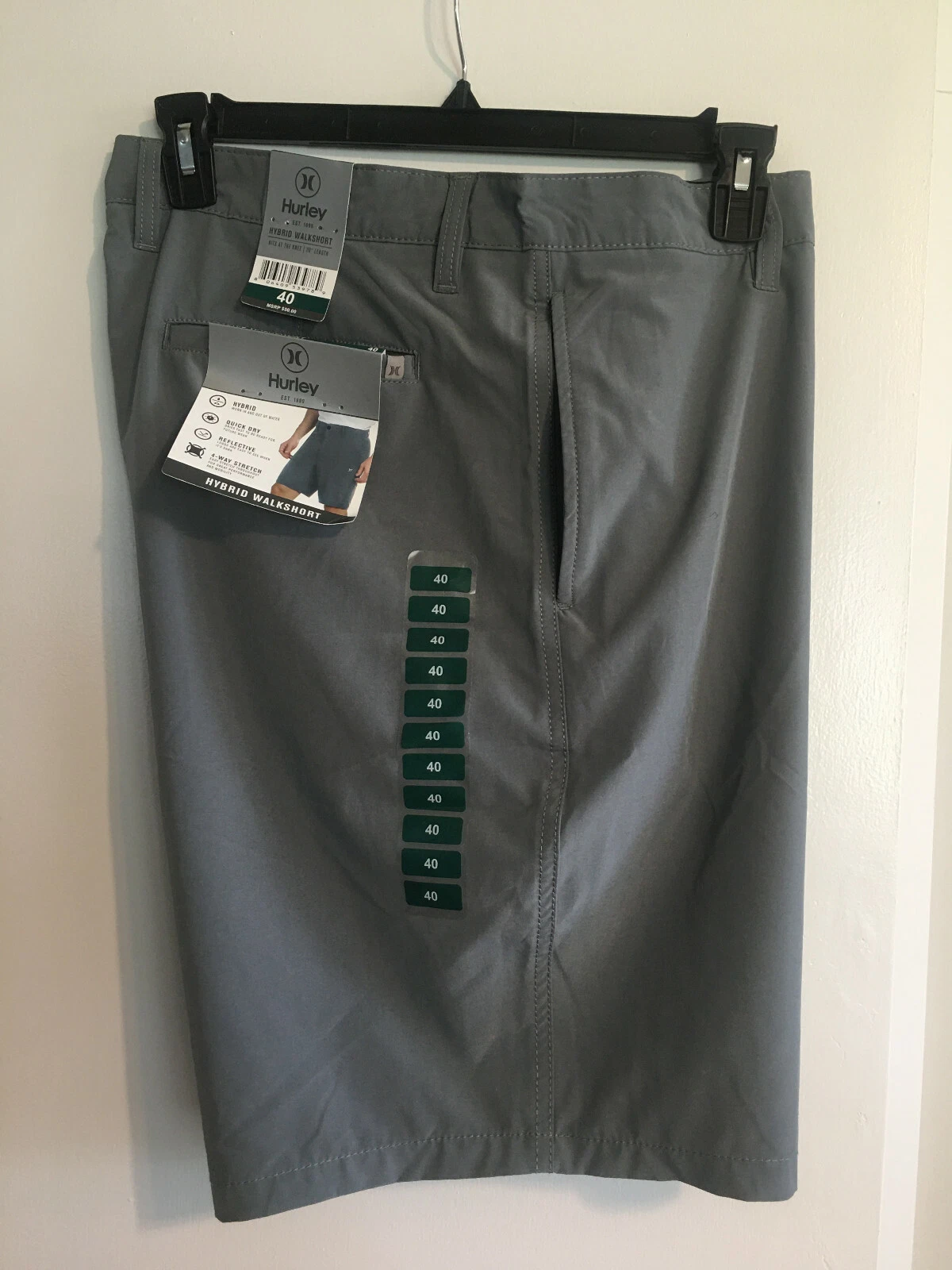 Hurley Gray Hybrid Walk Shorts Mens Size 40 Pockets Stretch Quick Dry Reflective