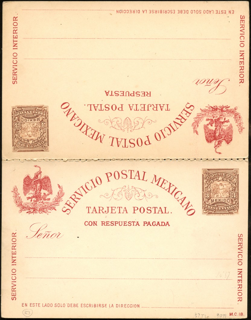 MEXICO 1897 3¢+3¢ PERF 6 REPLY PSC UNUSED PC87