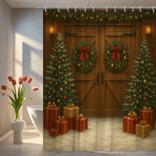 Christmas Shower Curtain with Festive Decorations and Gifts
