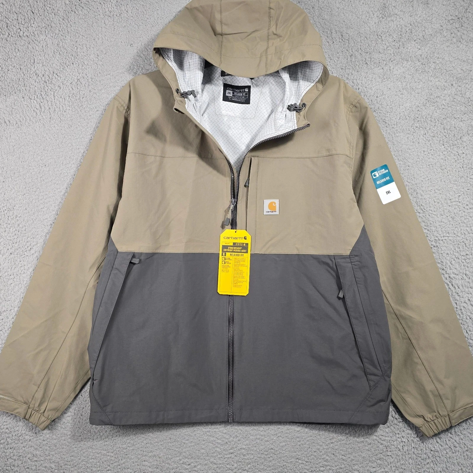 Carhartt HOODED RAIN Jacket MEN 2XL XXL Beige Brown Storm Defender Full Zip NWT