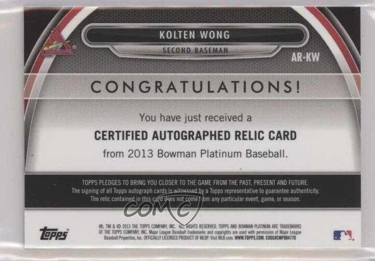 2013 Bowman Platinum Auto Relic Red Refractor /25 Kolten Wong #AR-KW Auto - Image 2 of 2