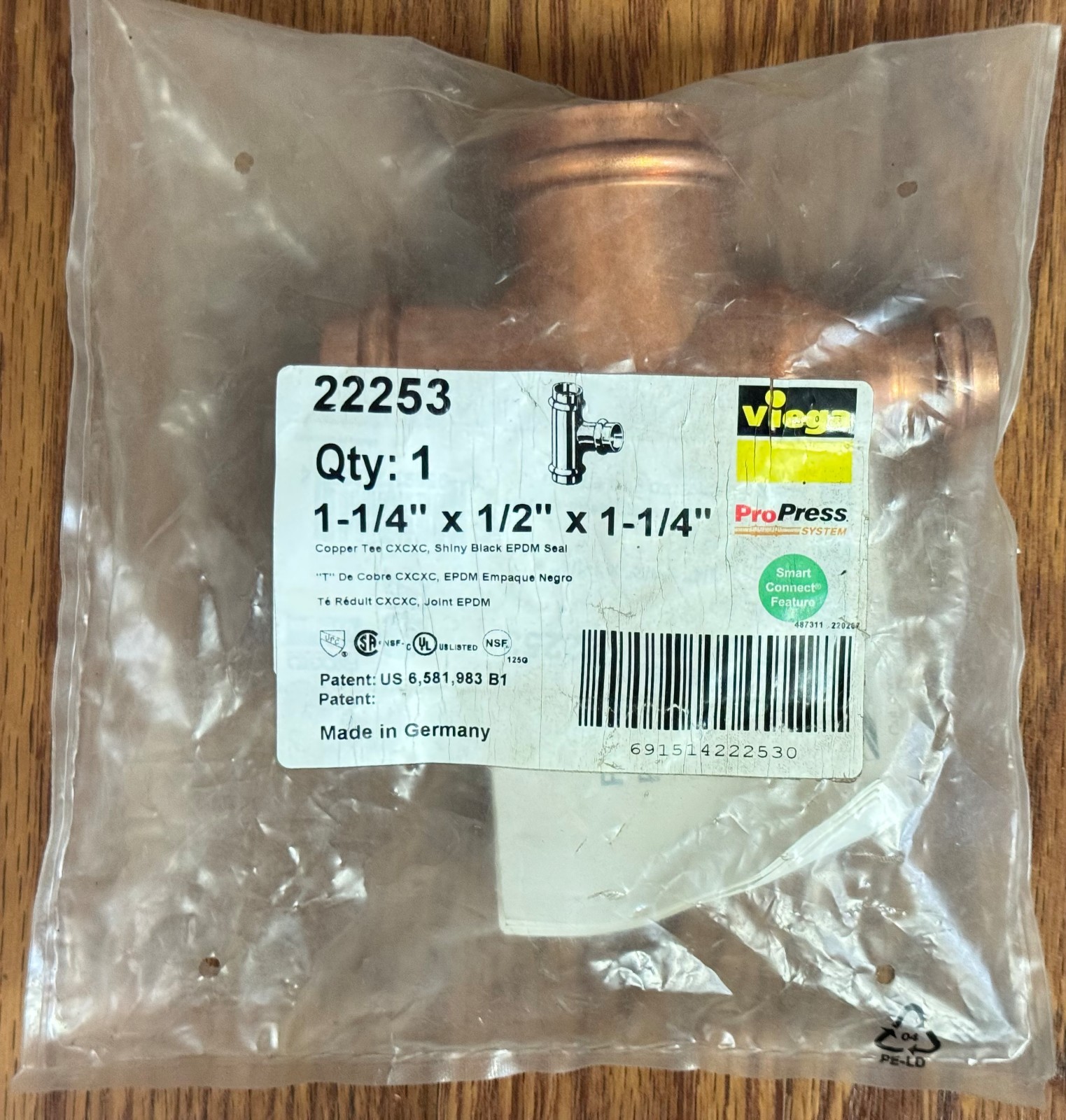 NEW 1PK Viega ProPress 22253 1-1/4" x 1/2" x 1-1/4" Copper Tee C x C x C ~Fr.Sh.