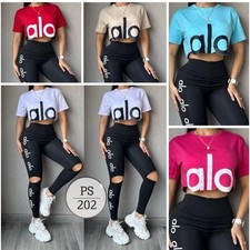 ALO Women's Solid Crop Top Leggings Set, Logo Accent, Skinny Leg, 2 Piece