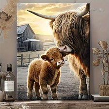 Highland Cow Mom Calf Barn Sunset Canvas Wall Art For Farmhouse Wall Decor