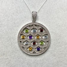 Estate 925 Sterling Silver & Multicolor Gemstone Circle Enhancer Pendant