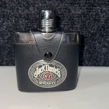 Jack Daniels Old No 7 Whiskey Flask Wrapped Leather Glass Biker EUC Vintage