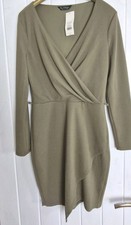 Miss Selfridge Khaki Wrap Front Midi Dress Size 12 Asymmetric Hem NWT