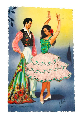 Flamenco Dancer Postcard Spain Embroidered Thread Dress Baile Vintage