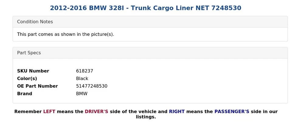 BMW 328I 2012-2016 - revestimiento de carga maletero red 7248530 Foto 4 de 4