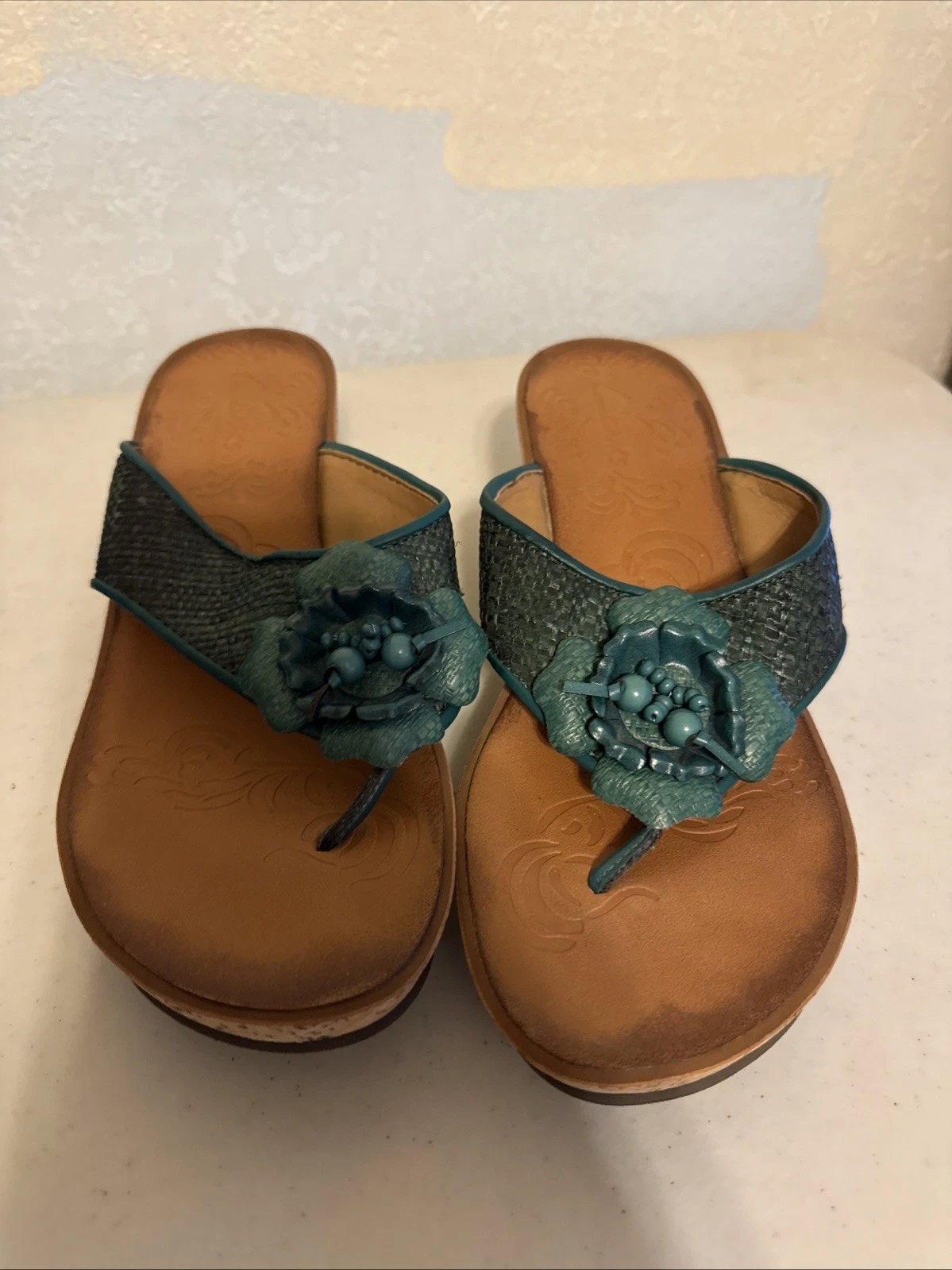 Sandali Clarks in sughero zeppa tanga blu acqua rafia perline fiori scarpe donna 8 M