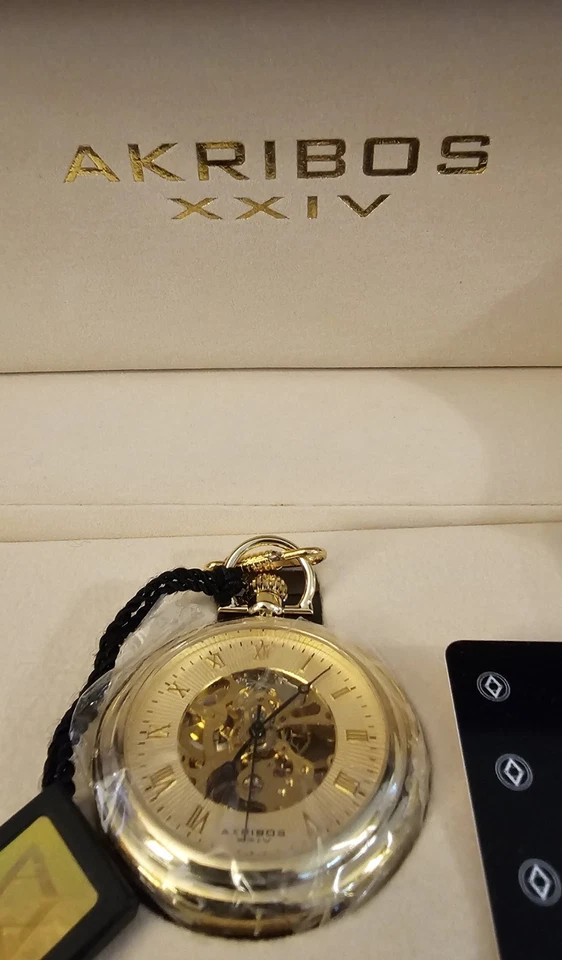 Карманные часы Akribos XXIV Skeleton AK453YG новые в коробке с бумагами - Изображение 4 из 4