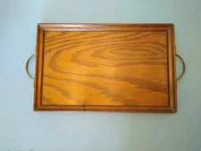 Vintage Oak Serving Tray hand made Arts and Crafts style with brass handles