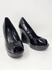 Call It Spring Womens 7 Black Shiny Patent Wedge Heels Peeptoe Dress Shoes 