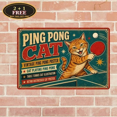 Ping Pong Cat Red Paddle Distressed Vintage Style Retro Metal Sign Wall Decor