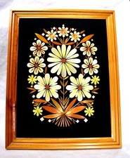 Vintage USSR Handmade Wall Decoration Straw Flowers on Fabric Framed Plaque #9