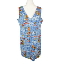 Vintage Jamie Brooke Dress Women 16 Blue Sleeveless Stretch Tropical V-Neck Tank