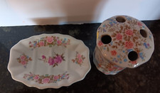 Porcelain Soap Dish toothbrush holder Floral Ribbons