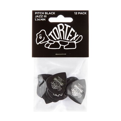 Dunlop 482P114 Tortex Pitch Black Jazz III 3 1,14 mm, 12 Gitarren-Plektren Spieler-Pack