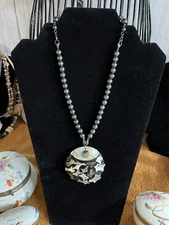 Hematite Grey  Beaded Round Large Pendant 11” Necklace Unmarked