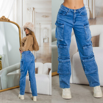 Koucla Jeans Damen High Waist Cargo Style Jeans Jeanshose  Milax-Fashion