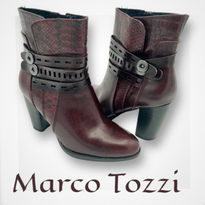 Marco Tozzi Boots Women's 37 US 6.5 Strappy Side Zipper Burgundy Ankle Boots