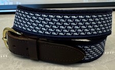 VINEYARD VINES BLUE WHALE - Canvas Brown Leather Belt - Size 28 - Blue Belt