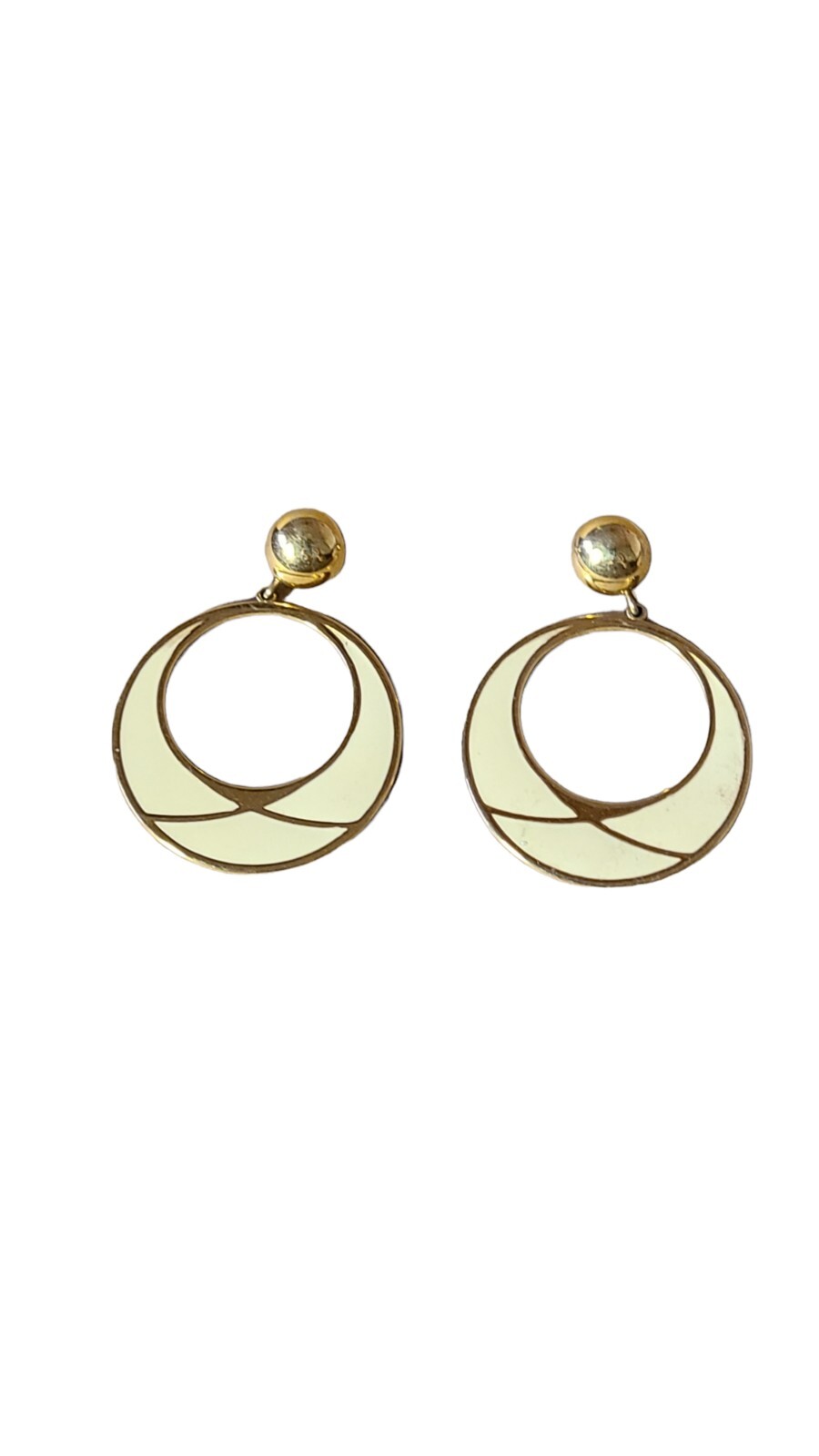 Vintage Off White Creme Enamel And Gold Tone Doorknocker Dangle Earrings