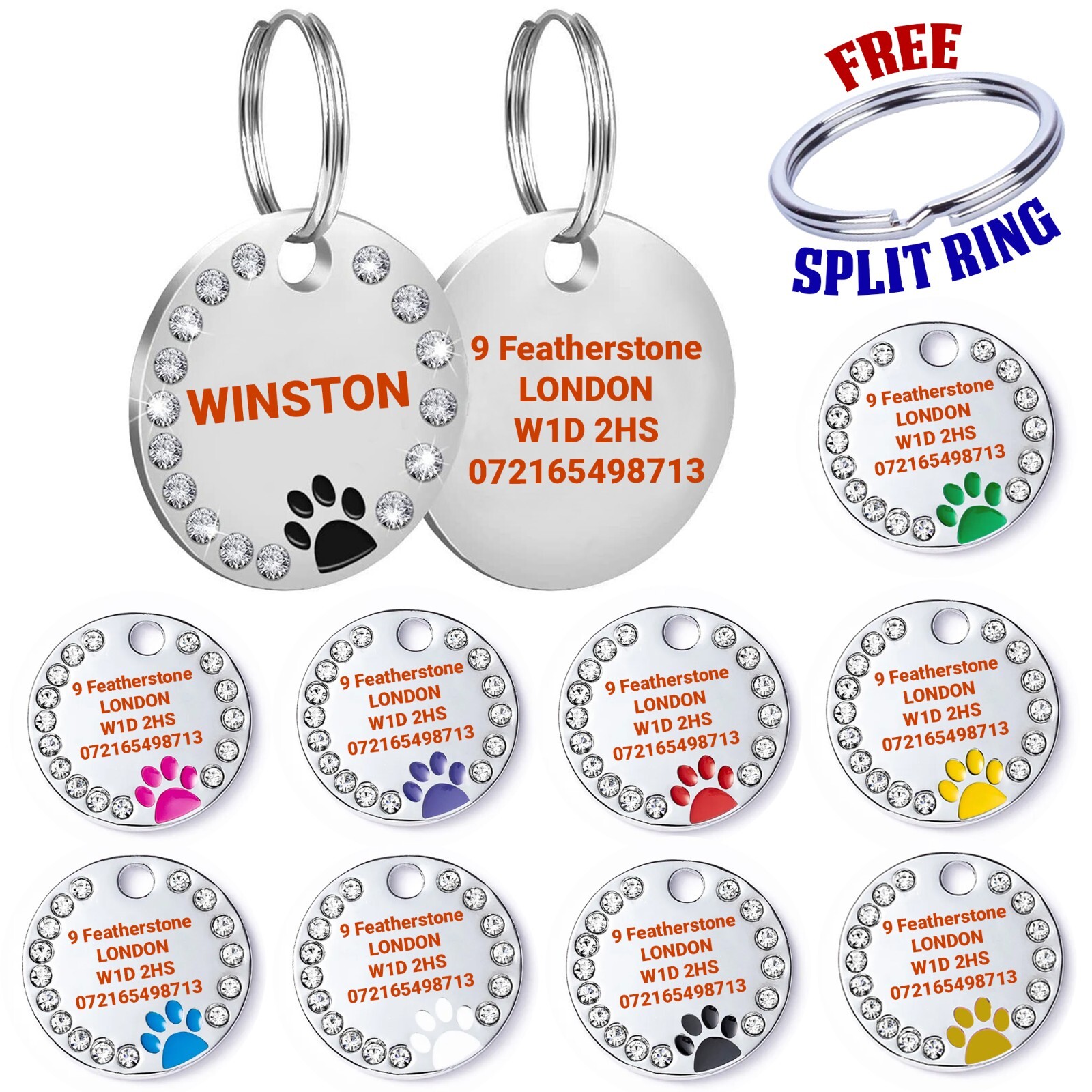 Personalised Bling Tag Diamonds Engraving Dog/Cat ID Tag Name Puppy Pet
