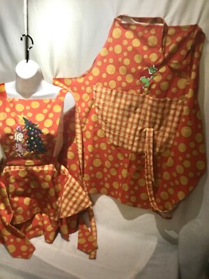 Aprons Set of Two Orange Dot with Embroidery Grinch and Cindy Lou