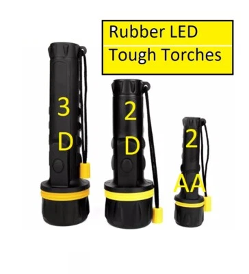 UK Battery Rubber Body Heavy Duty LED Torches small to large shockproof tough