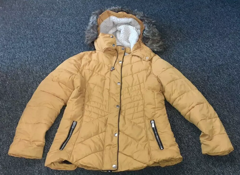 Mustard faux fur top trim hooded puffer jacket