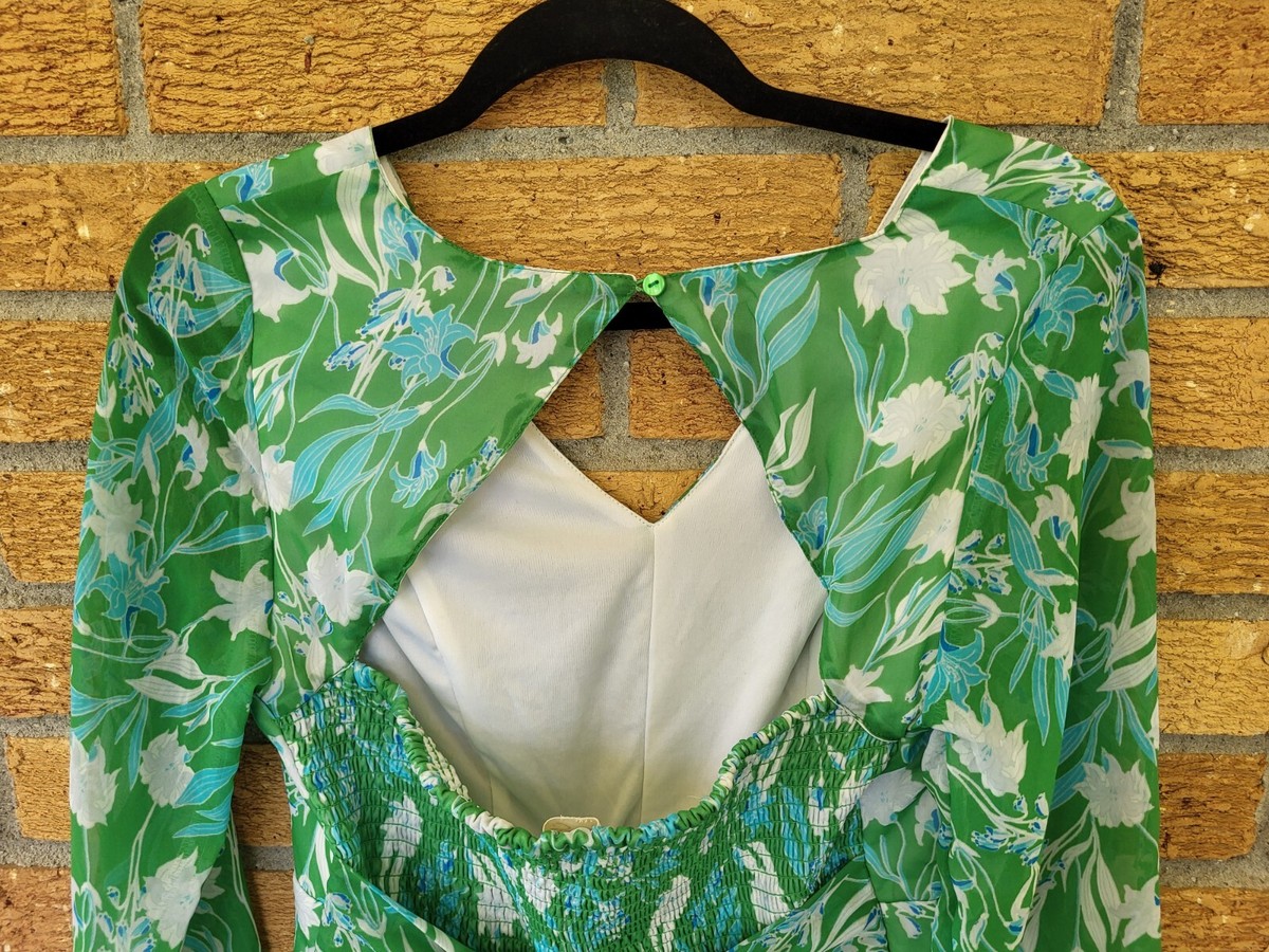 Jessica Simpson Green & Blue Floral Print V-Neck Smocked Mini Dress Size  Large | eBay