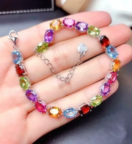 6Ct Oval Lab Created Multi Color Gemstones Tennis Bracelet 14K White Gold Plated - Picture 2 of 7