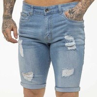 Kruze Mens Denim Shorts Stretch Slim Fit Distressed Ripped Half Jeans Pants