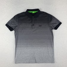 Hugo Boss Polo Shirt Mens Medium Black Gray Striped Regular Fit Performance